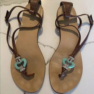 Giuseppe Zanotti tan leather sandals with turquoise enamel and crystal
